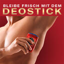Bleibe frisch mit dem Deostick‘ vor rotem Hintergrund.